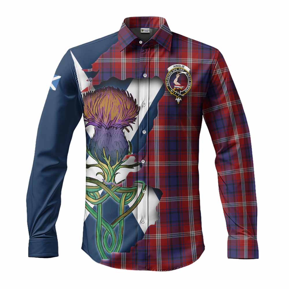Tartan Vibes Clothing Ainslie Tartan Family Crest Long Sleeve Button Shirt Scottish Thistle Celtic Inspired