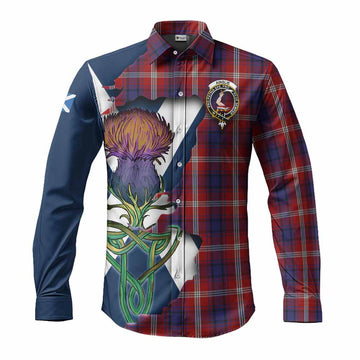 Tartan Vibes Clothing Ainslie Tartan Family Crest Long Sleeve Button Shirt Scottish Thistle Celtic Inspired