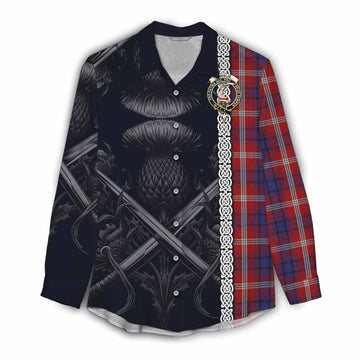 Ainslie Tartan Women's Casual Shirt with Family Crest Cross Sword Thistle Celtic Vibes Female - Tartan Vibes Clothing