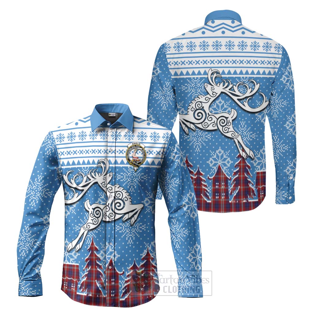 Ainslie Clan Christmas Long Sleeve Button Shirt Celtic Reindeer Style Men's Shirt S - Tartan Vibes Clothing