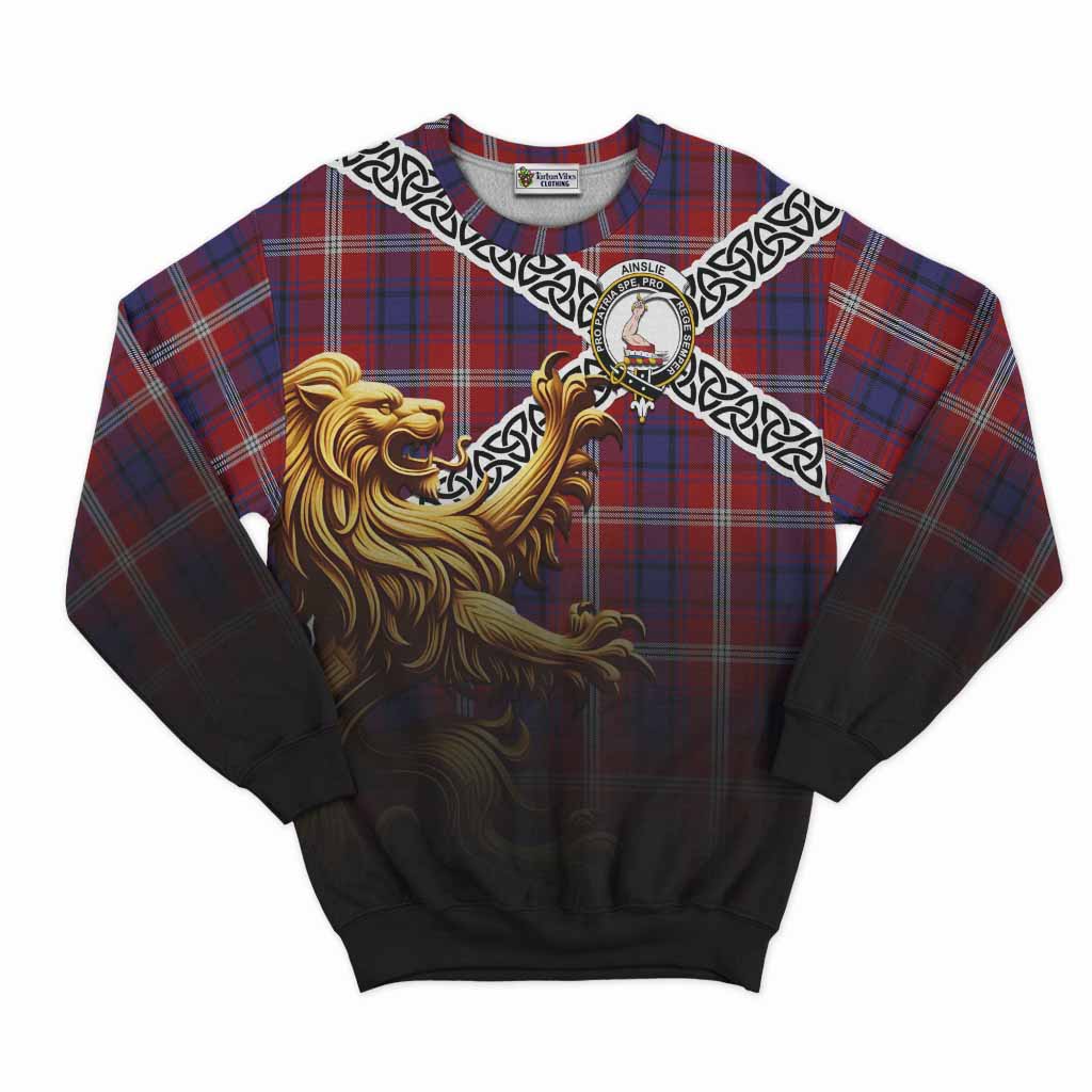 Ainslie Crest Tartan Sweatshirt with Golden Lion Emblem Celtic Style Unisex - Tartan Vibes Clothing