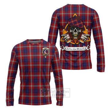 Ainslie Tartan Long Sleeve T-Shirt with Family Crest and Bearded Skull Holding Bottles of Whiskey Unisex - Tartan Vibes Clothing