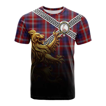 Tartan Vibes Clothing Ainslie Crest Tartan Cotton T-shirt with Golden Lion Emblem Celtic Style