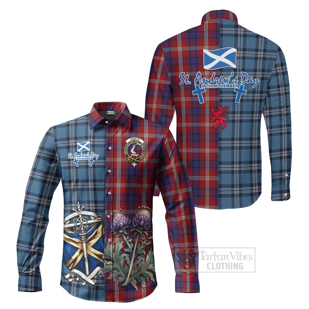 Ainslie Tartan Long Sleeve Button Shirt Happy St. Andrew's Day Half Tartan Style Men's Shirt S - Tartan Vibes Clothing