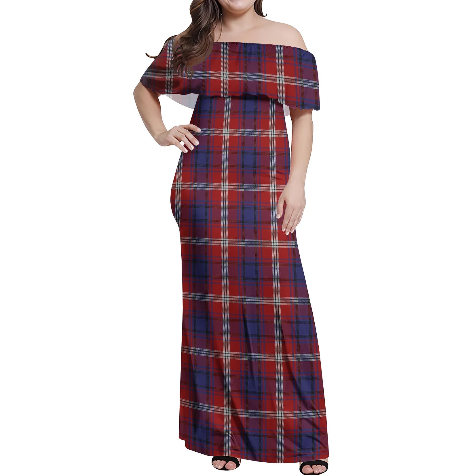 Ainslie Tartan Off Shoulder Long Dress Women's Dress - Tartanvibesclothing