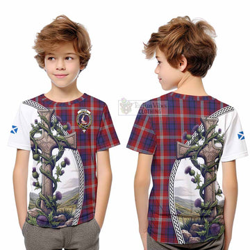 Ainslie Tartan Kid T-Shirt with Family Crest and St. Andrew's Cross Accented by Thistle Vines Youth XL Size14 - Tartan Vibes Clothing