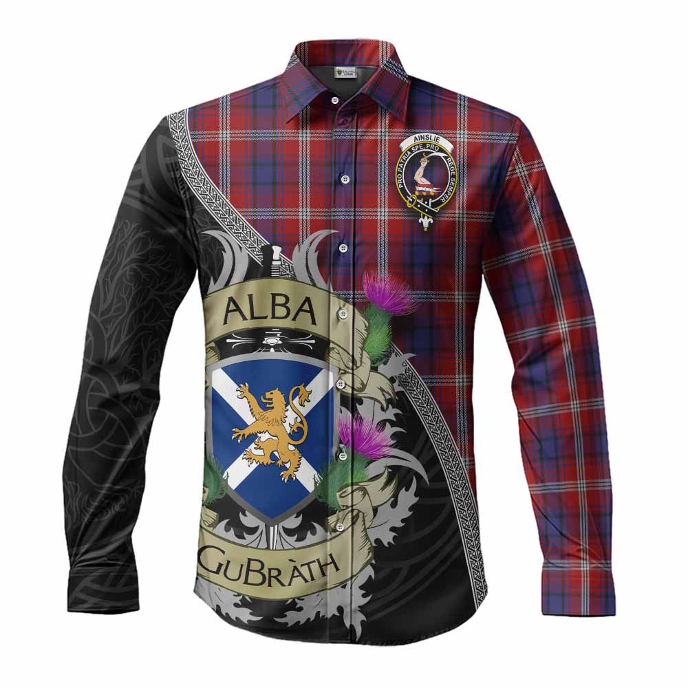 Ainslie Tartan Family Crest Long Sleeve Button Shirt Lion Rampant Royal Thistle Shield Celtic Inspired Men's Shirt S - Tartan Vibes Clothing