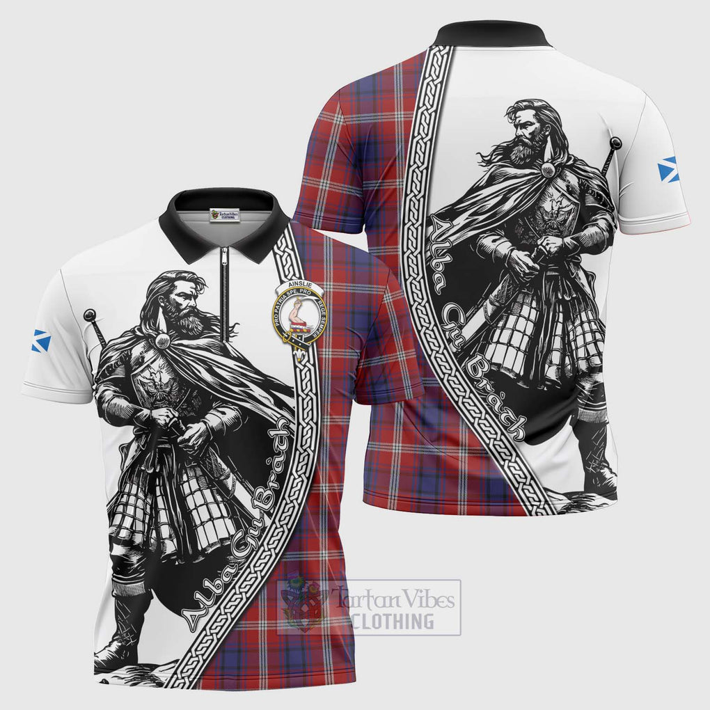 Ainslie Tartan Clan Crest Zipper Polo Shirt with Highlander Warrior Celtic Style Unisex - Tartan Vibes Clothing