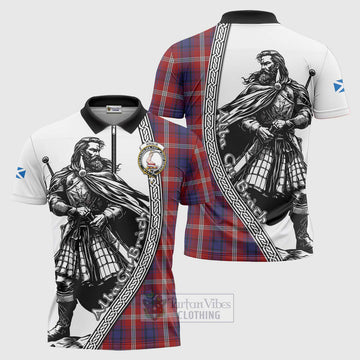 Ainslie Tartan Clan Crest Zipper Polo Shirt with Highlander Warrior Celtic Style Unisex - Tartan Vibes Clothing