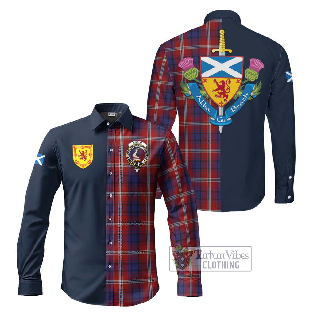 Tartan Vibes Clothing Ainslie Tartan Long Sleeve Button Shirt with Scottish Lion Royal Arm Half Style