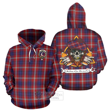 Ainslie Tartan Hoodie with Family Crest and Bearded Skull Holding Bottles of Whiskey Zip Hoodie - Tartan Vibes Clothing