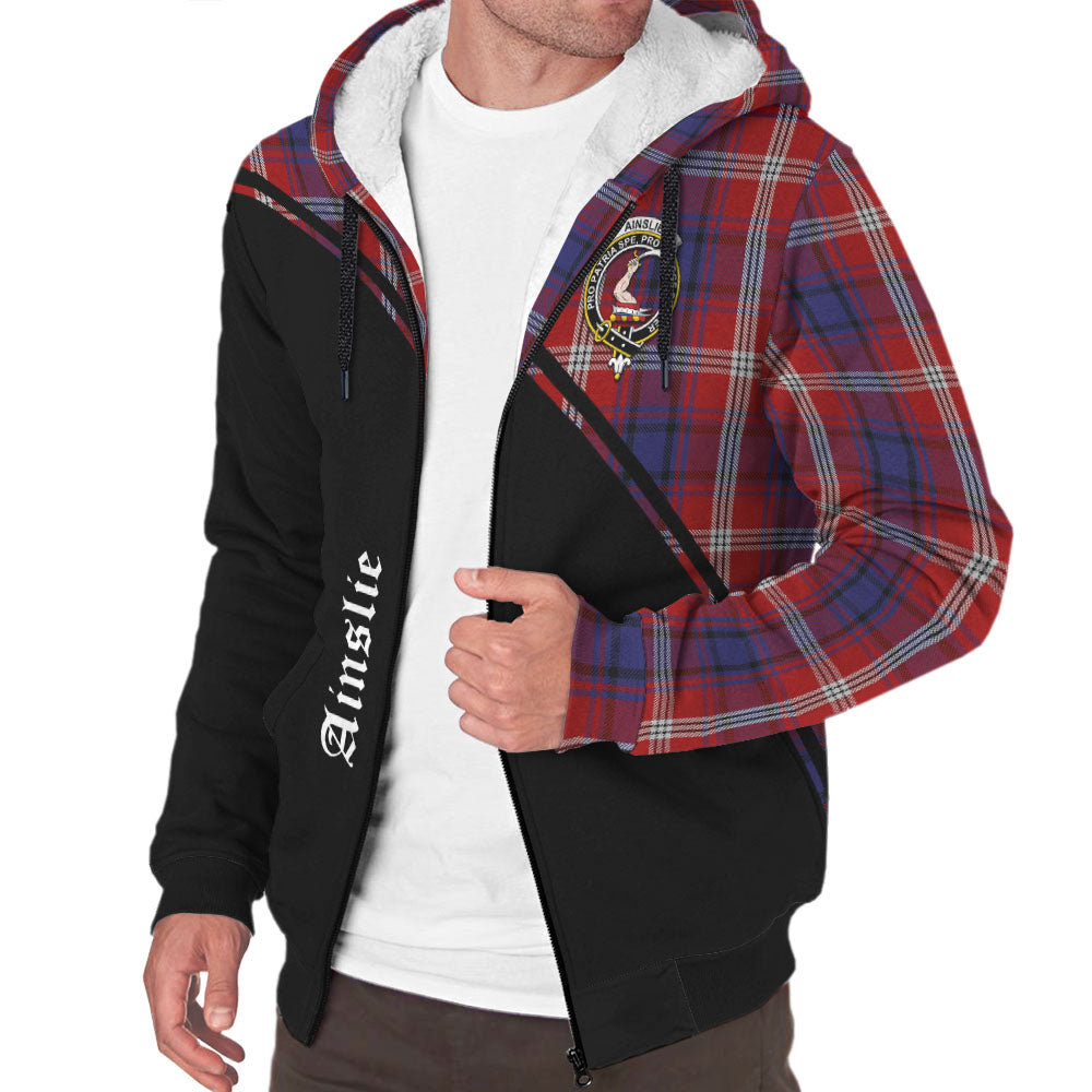 Ainslie Tartan Sherpa Hoodie with Family Crest Curve Style Unisex - Tartanvibesclothing