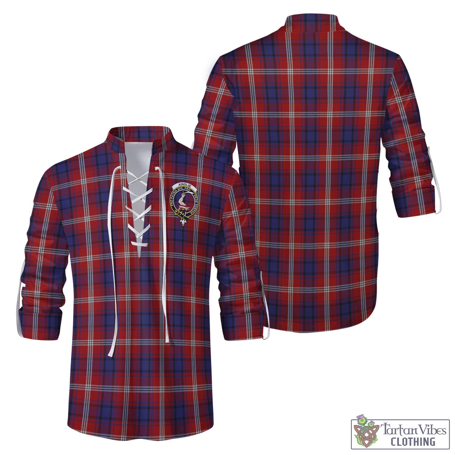 Tartan Vibes Clothing Ainslie Tartan Men's Scottish Traditional Jacobite Ghillie Kilt Shirt with Family Crest