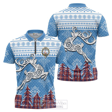 Ainslie Clan Christmas Zipper Polo Shirt Celtic Reindeer Style Unisex - Tartan Vibes Clothing