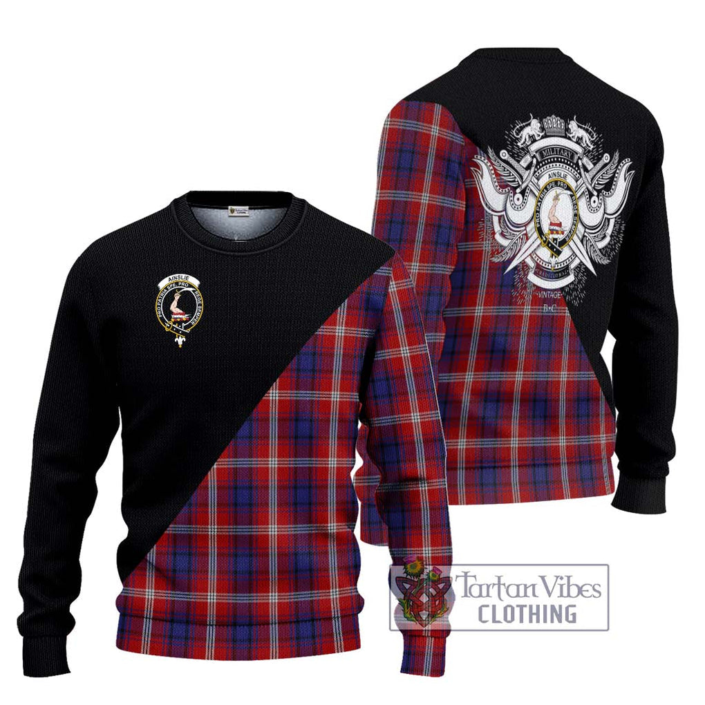 Ainslie Tartan Ugly Sweater with Family Crest and Military Logo Style Unisex - Tartan Vibes Clothing