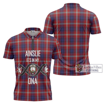 Ainslie Tartan Zipper Polo Shirt with Family Crest DNA In Me Style Unisex - Tartan Vibes Clothing