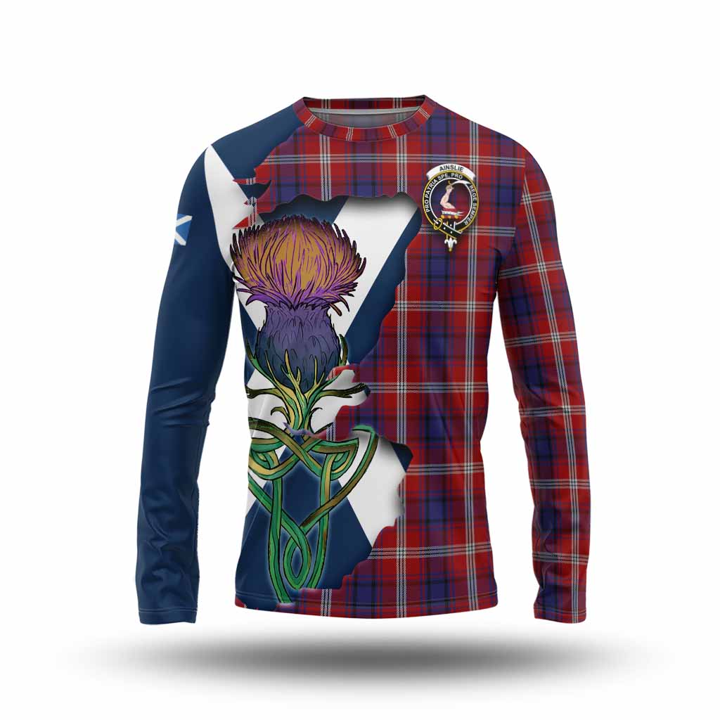 Tartan Vibes Clothing Ainslie Tartan Family Crest Long Sleeve T-Shirt Scottish Thistle Celtic Inspired
