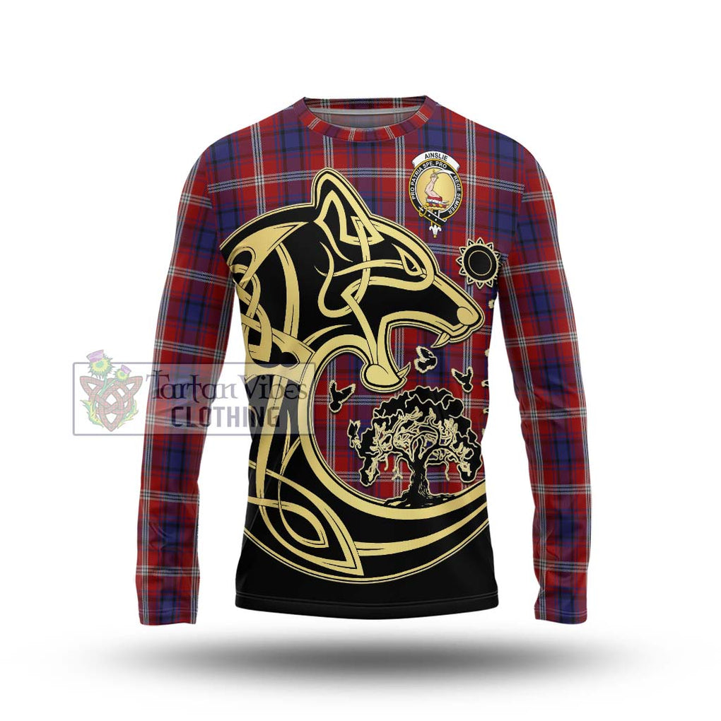 Ainslie Tartan Long Sleeve T-Shirt with Family Crest Celtic Wolf Style Unisex - Tartan Vibes Clothing