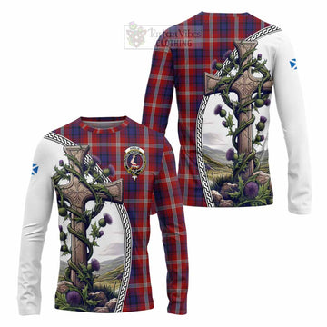 Ainslie Tartan Long Sleeve T-Shirt with Family Crest and St. Andrew's Cross Accented by Thistle Vines Unisex - Tartan Vibes Clothing