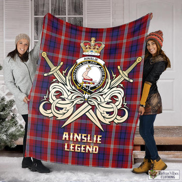 Ainslie Tartan Blanket with Clan Crest and the Golden Sword of Courageous Legacy X-Large 59 x 79 inches 150 x 200 cm - Tartan Vibes Clothing
