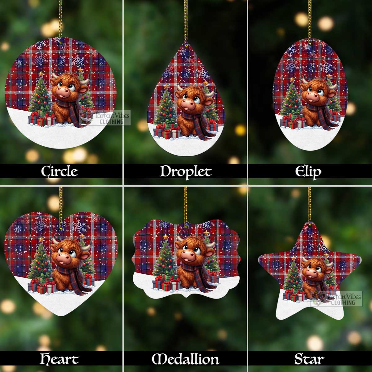 Tartan Vibes Clothing Ainslie Tartan Christmas Aluminium Ornament with Adorable Highland Coo