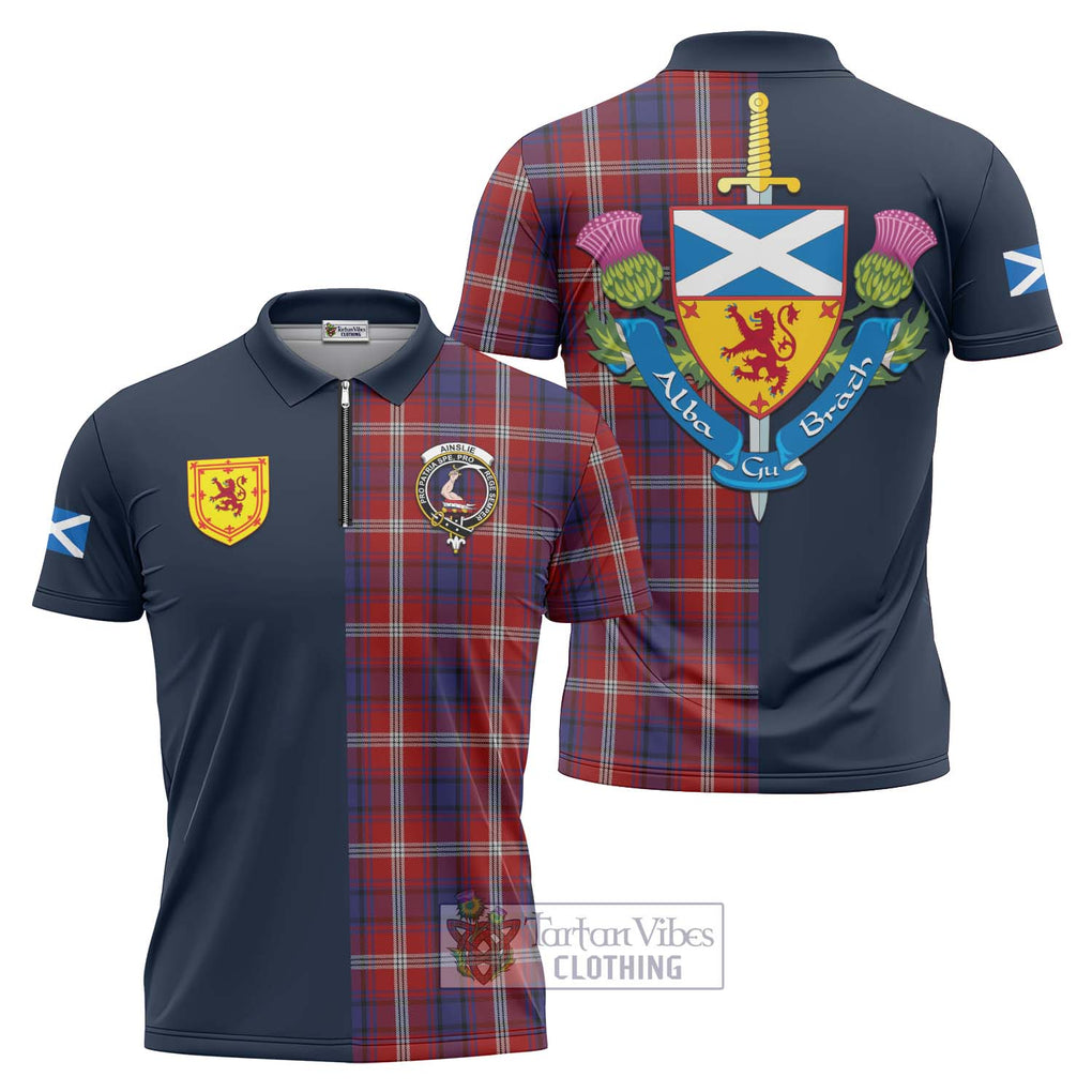 Ainslie Tartan Zipper Polo Shirt Alba with Scottish Lion Royal Arm Half Style Unisex - Tartan Vibes Clothing