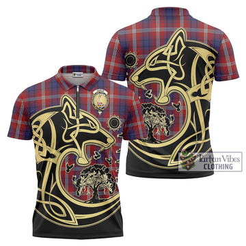 Ainslie Tartan Zipper Polo Shirt with Family Crest Celtic Wolf Style Unisex - Tartan Vibes Clothing