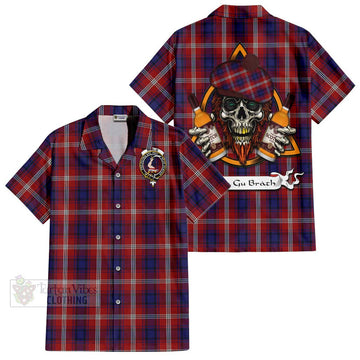 Ainslie Tartan Hawaiian Shirt with Family Crest and Bearded Skull Holding Bottles of Whiskey Kid - Tartan Vibes Clothing