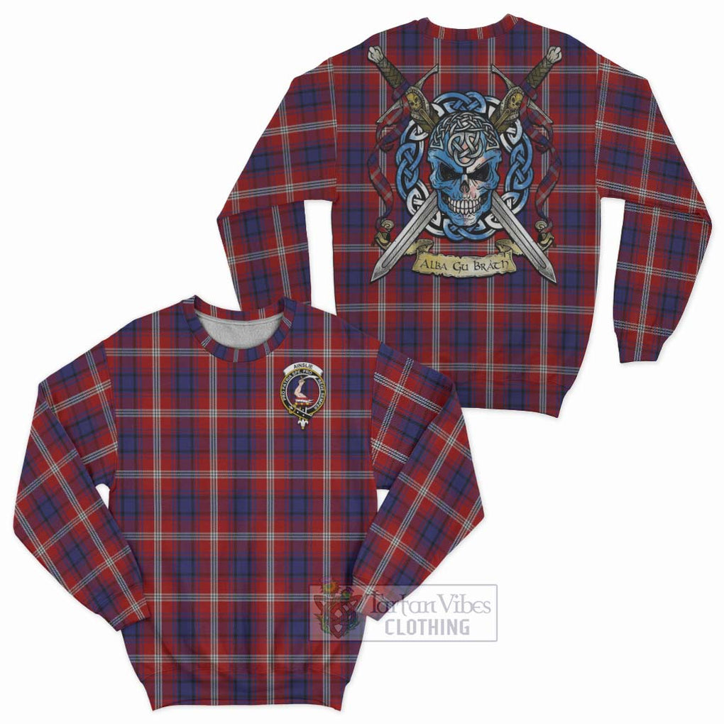 Ainslie Tartan Sweatshirt with Family Crest Celtic Skull Style Unisex - Tartan Vibes Clothing