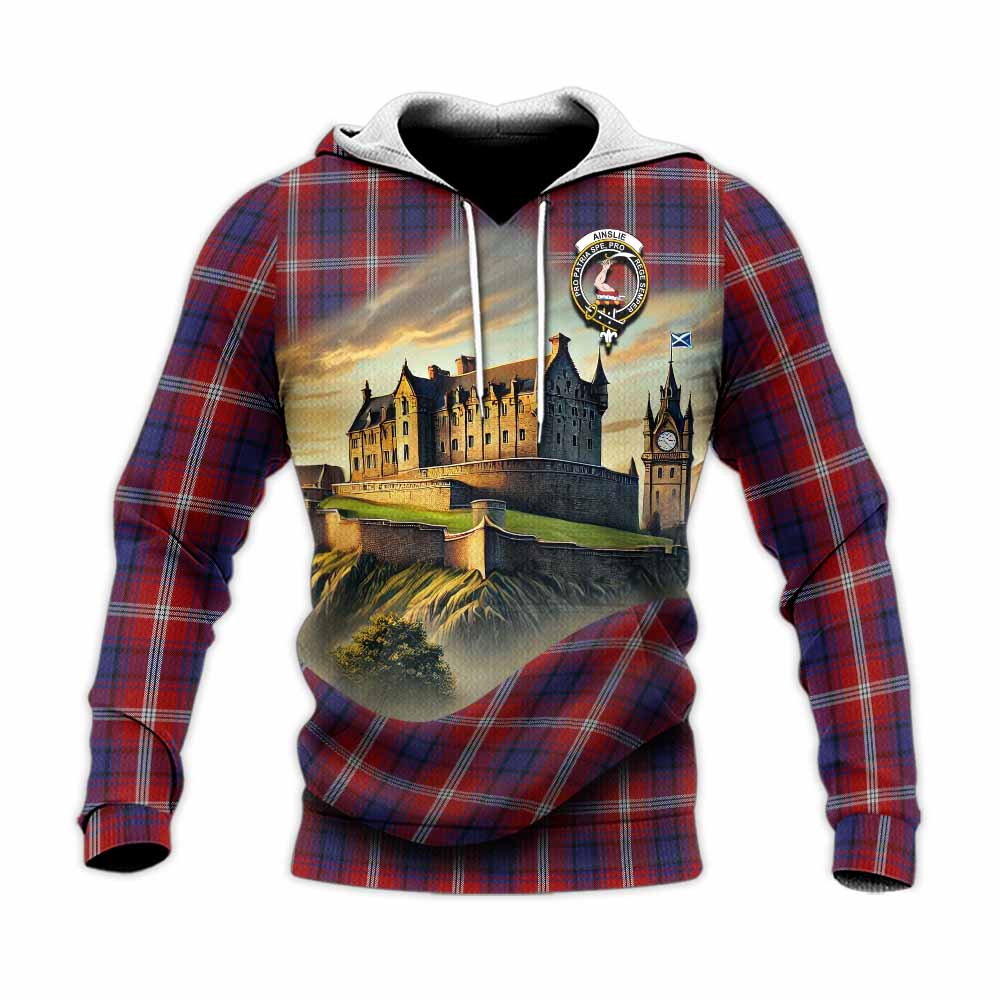 Tartan Vibes Clothing Ainslie Tartan Family Crest Knitted Hoodie with Scottish Ancient Castle Style