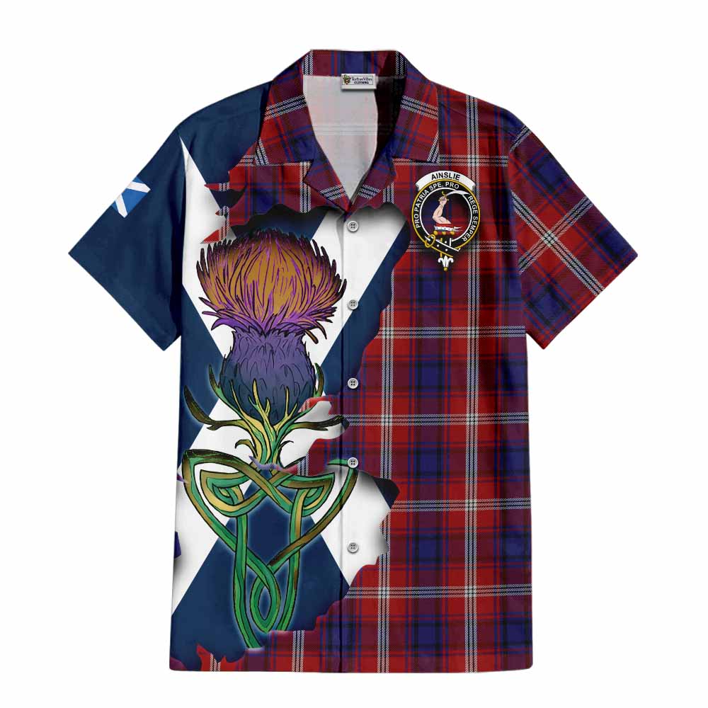 Tartan Vibes Clothing Ainslie Tartan Family Crest Short Sleeve Button Shirt Scottish Thistle Celtic Inspired