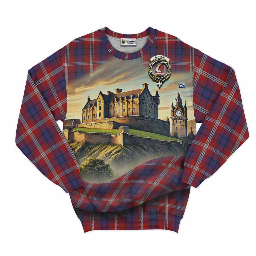 Ainslie Tartan Family Crest Sweatshirt with Scottish Ancient Castle Style Unisex - Tartan Vibes Clothing
