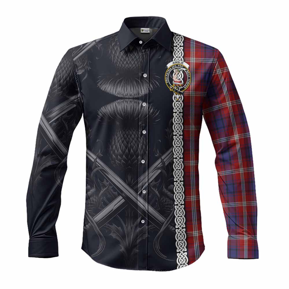 Tartan Vibes Clothing Ainslie Tartan Long Sleeve Button Shirt with Family Crest Cross Sword Thistle Celtic Vibes