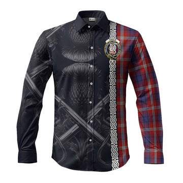 Tartan Vibes Clothing Ainslie Tartan Long Sleeve Button Shirt with Family Crest Cross Sword Thistle Celtic Vibes