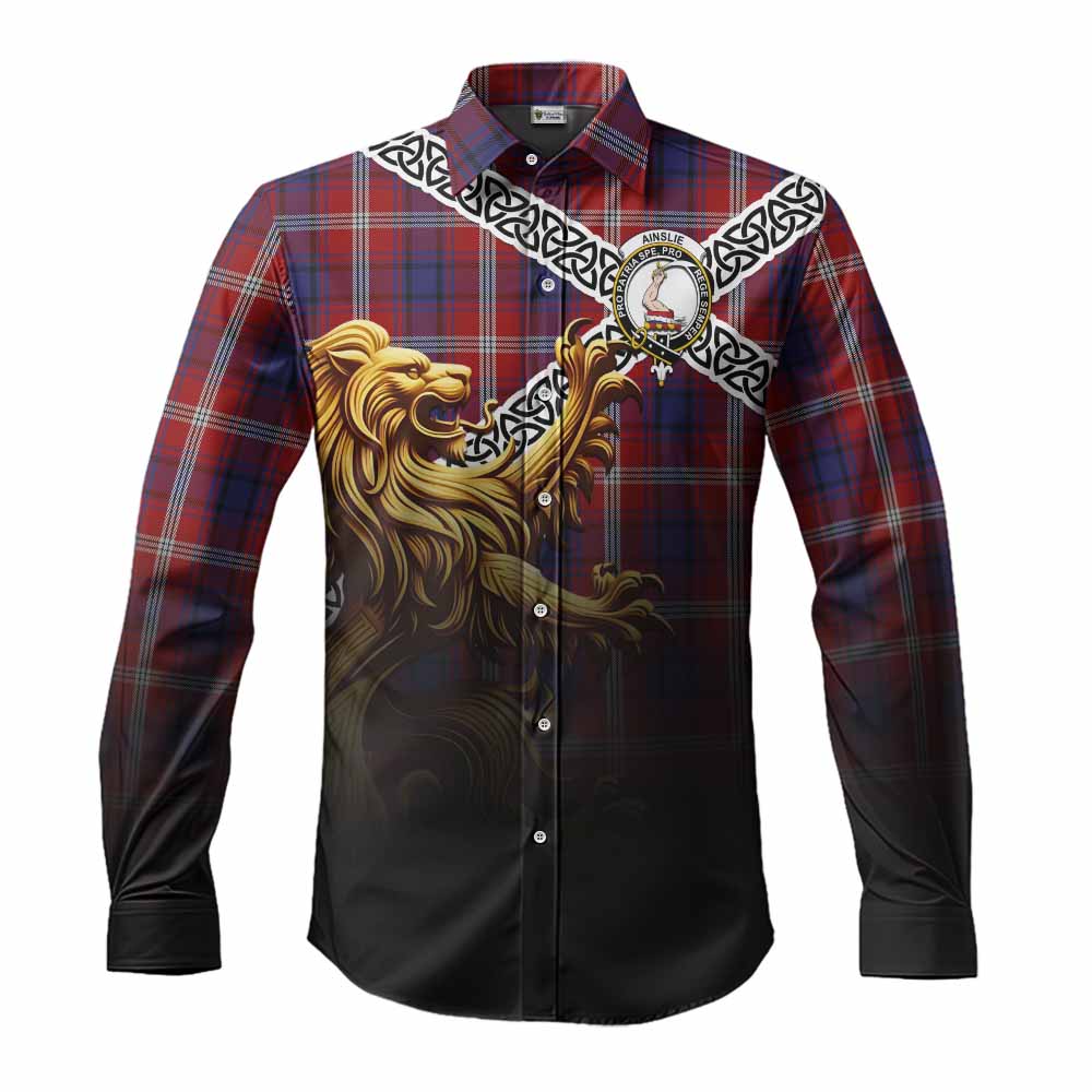 Ainslie Crest Tartan Long Sleeve Button Shirt with Golden Lion Emblem Celtic Style Men's Shirt S - Tartan Vibes Clothing