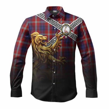 Ainslie Crest Tartan Long Sleeve Button Shirt with Golden Lion Emblem Celtic Style Men's Shirt S - Tartan Vibes Clothing