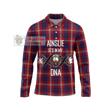 Ainslie Tartan Long Sleeve Polo Shirt with Family Crest DNA In Me Style Unisex - Tartan Vibes Clothing