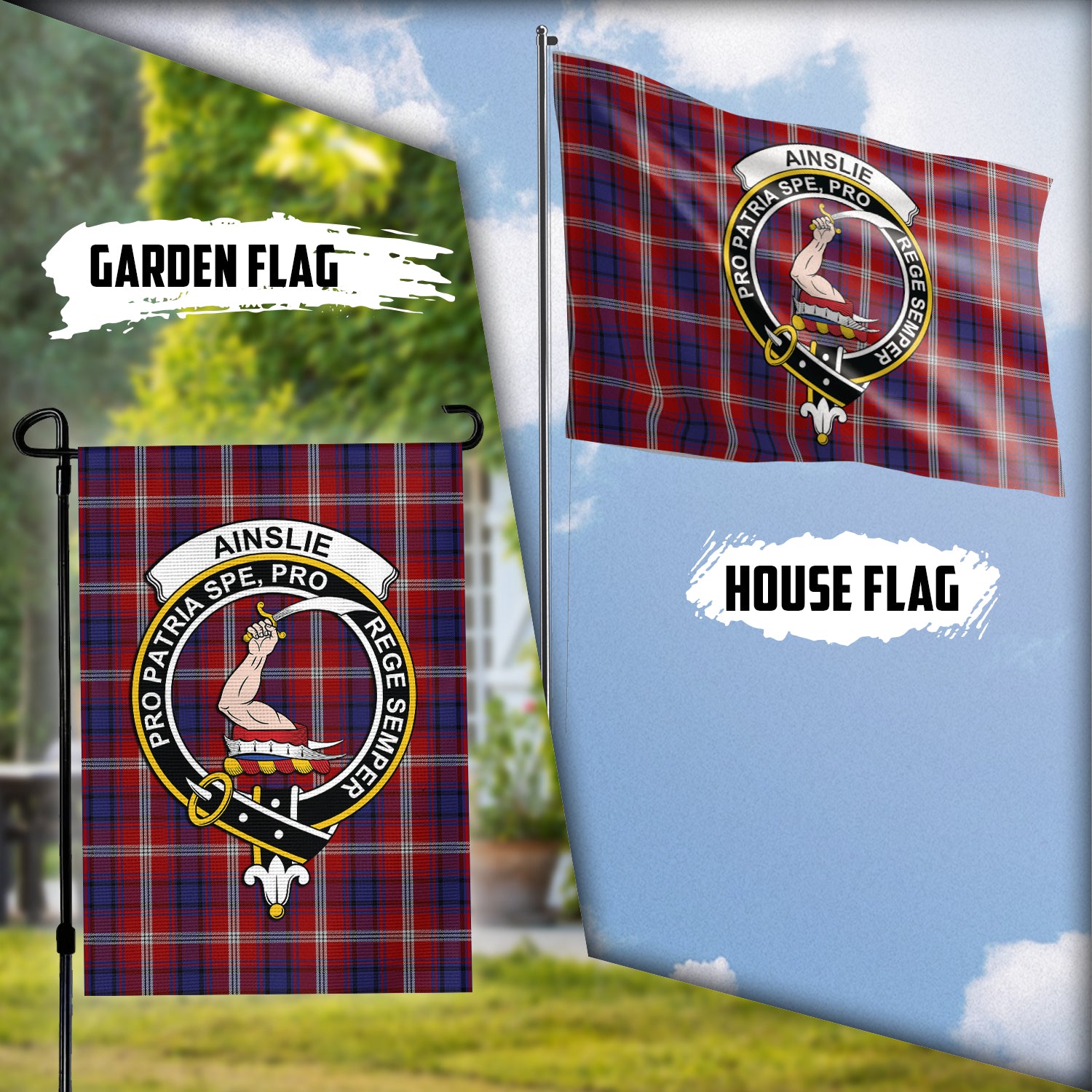 Ainslie Tartan Flag with Family Crest Garden Flag (Vertical) - Tartanvibesclothing