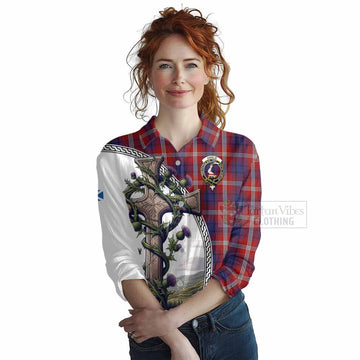Ainslie Tartan Women's Casual Shirt with Family Crest and St. Andrew's Cross Accented by Thistle Vines Female - Tartan Vibes Clothing