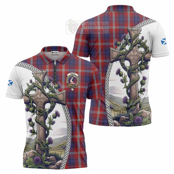 Ainslie Tartan Zipper Polo Shirt with Family Crest and St. Andrew's Cross Accented by Thistle Vines Unisex - Tartan Vibes Clothing