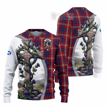 Ainslie Tartan Knitted Sweater with Family Crest and St. Andrew's Cross Accented by Thistle Vines Unisex - Tartan Vibes Clothing