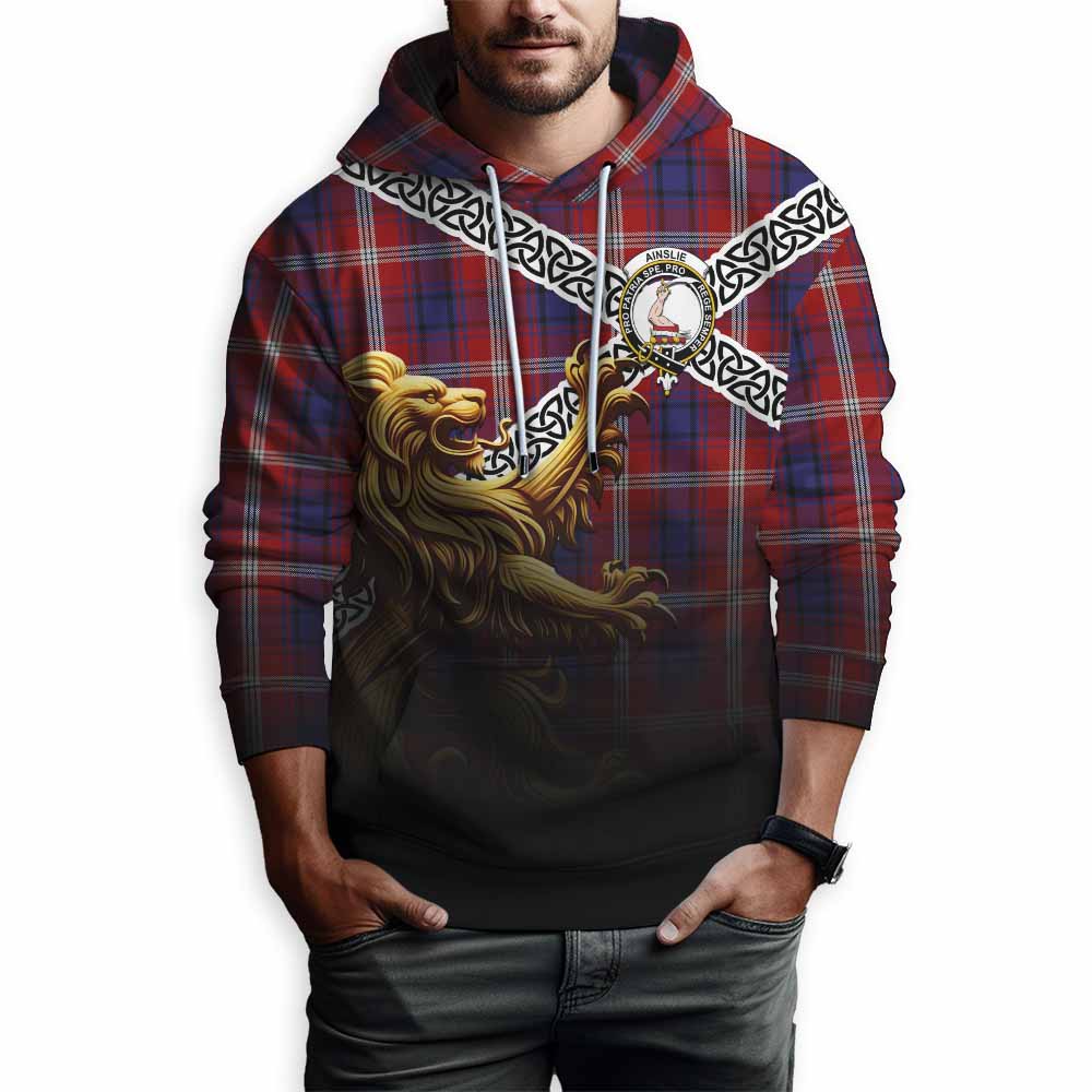 Ainslie Crest Tartan Hoodie with Golden Lion Emblem Celtic Style Pullover Hoodie - Tartan Vibes Clothing