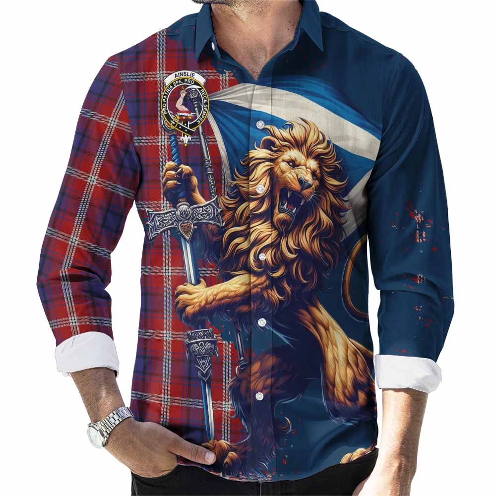 Ainslie Tartan Family Crest Long Sleeve Button Shirt with Scottish Majestic Lion Men's Shirt S - Tartan Vibes Clothing
