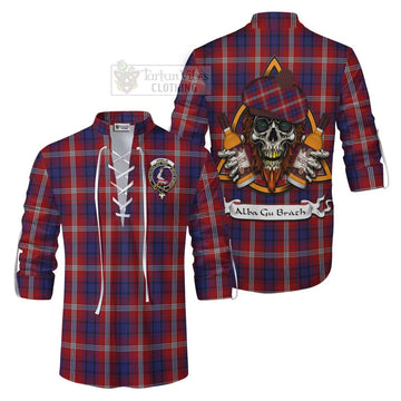 Ainslie Tartan Ghillie Kilt Shirt with Family Crest and Bearded Skull Holding Bottles of Whiskey Men - Tartan Vibes Clothing