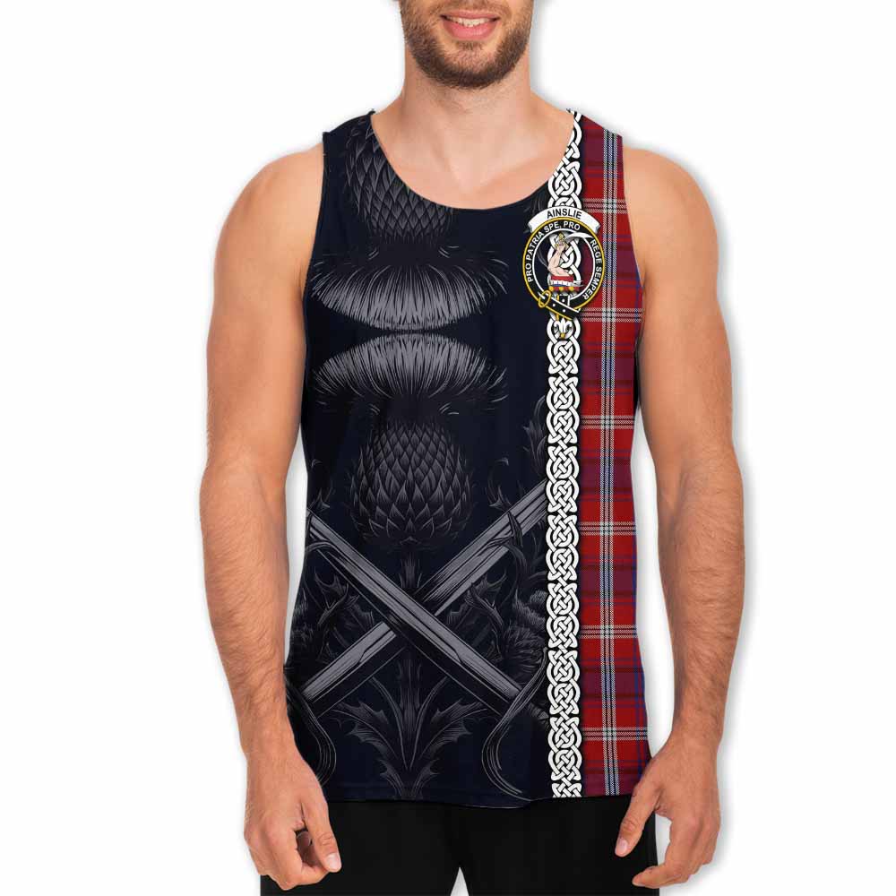 Ainslie Tartan Men's Tank Top with Family Crest Cross Sword Thistle Celtic Vibes Men - Tartan Vibes Clothing