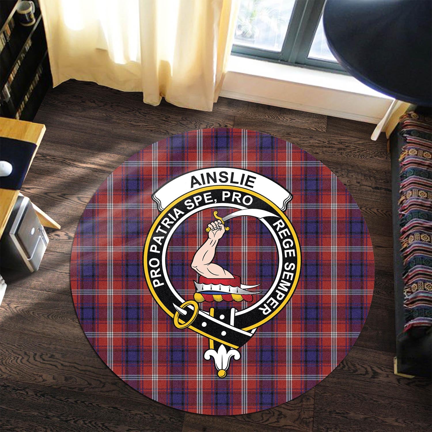 Ainslie Tartan Round Rug with Family Crest - Tartanvibesclothing