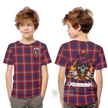 Ainslie Tartan Kid T-Shirt with Family Crest and Bearded Skull Holding Bottles of Whiskey Youth XL Size14 - Tartan Vibes Clothing
