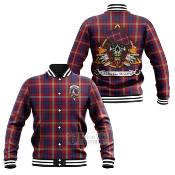 Ainslie Tartan Baseball Jacket with Family Crest and Bearded Skull Holding Bottles of Whiskey Unisex - Tartan Vibes Clothing