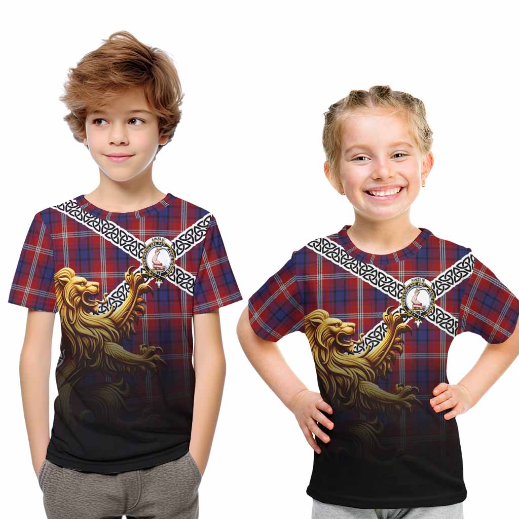 Ainslie Crest Tartan Kid T-Shirt with Golden Lion Emblem Celtic Style Youth XL Size14 - Tartan Vibes Clothing