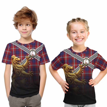 Ainslie Crest Tartan Kid T-Shirt with Golden Lion Emblem Celtic Style Youth XL Size14 - Tartan Vibes Clothing